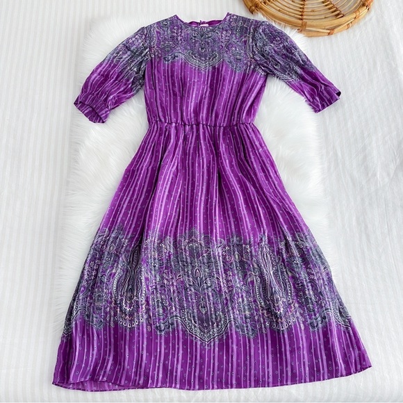 Vintage Hanae Mori New York VTG Chiffon Paisley Stripe Dress Purple - Picture 16 of 16